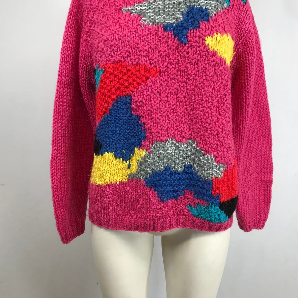 Jeff Laurent Vintage Hot Pink Abstract Geometric Chunky Knit Sweater Crew Neck - Picture 3 of 7